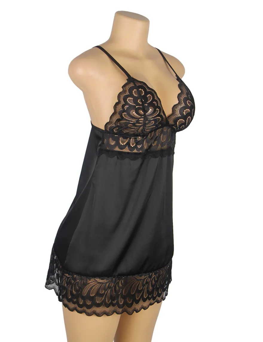 Black Lace Floral Babydoll – Back Closure Hook & Eye, Sexy High-Quality Lingerie