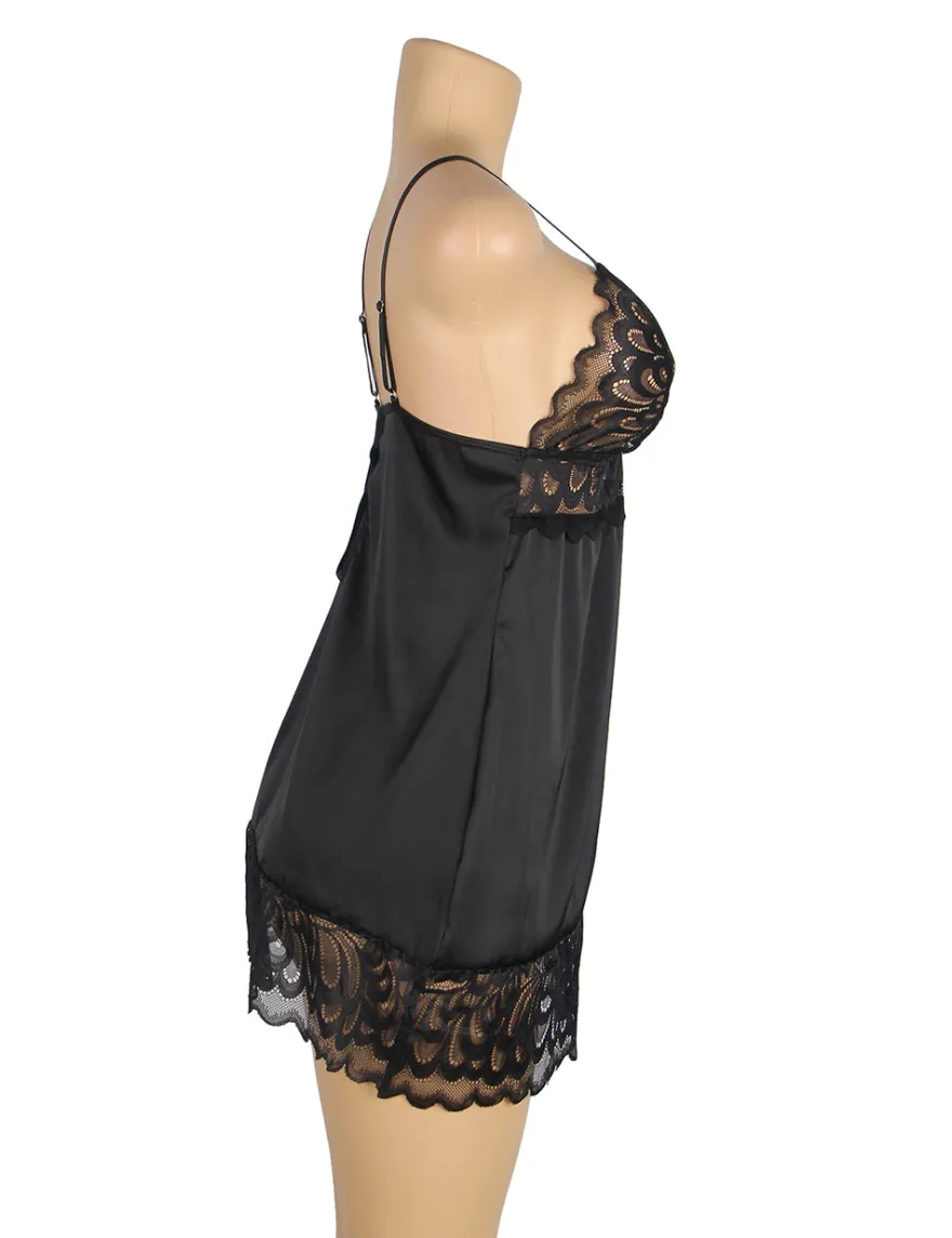 Black Lace Floral Babydoll – Back Closure Hook & Eye, Sexy High-Quality Lingerie