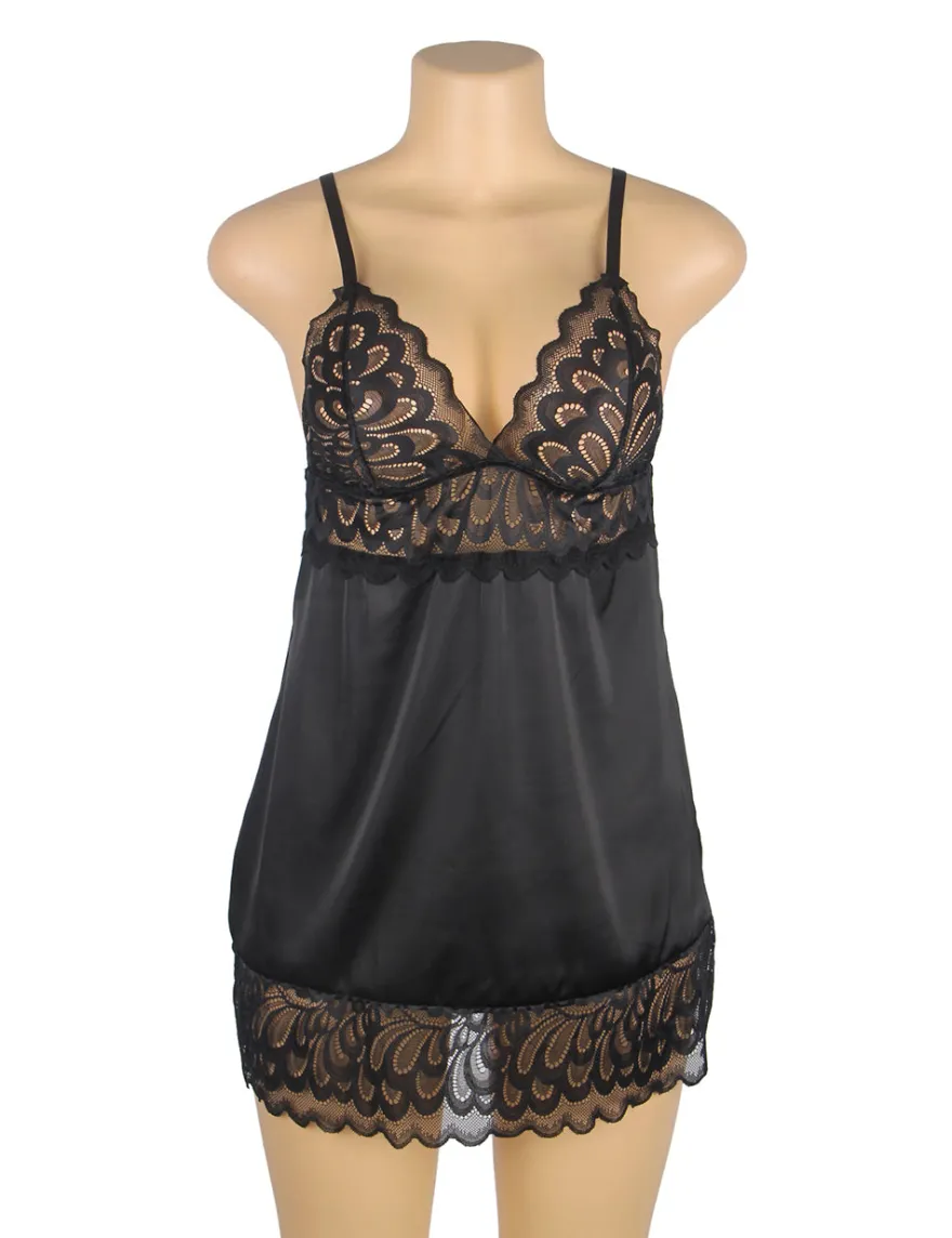 Black Lace Floral Babydoll – Back Closure Hook & Eye, Sexy High-Quality Lingerie