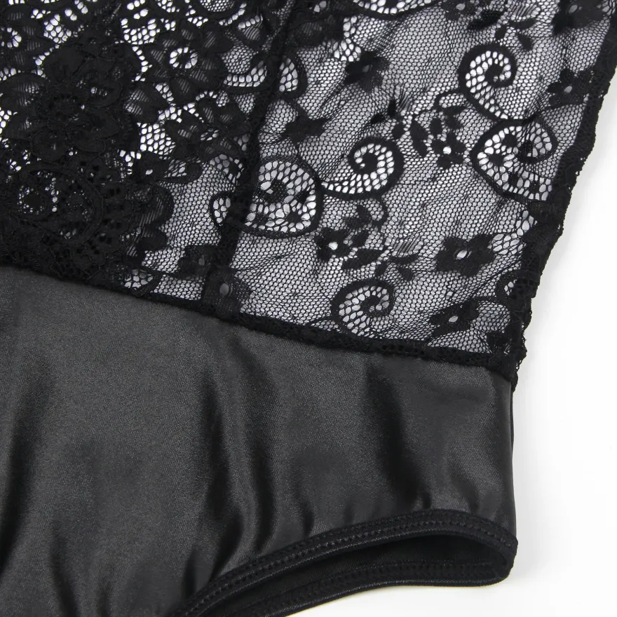 Black Sleeveless Lace Bodysuit – Deep V-Neck Faux Leather, Sexy High-Quality Lingerie