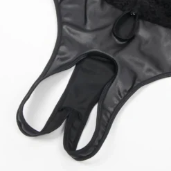 Black Sleeveless Lace Bodysuit – Deep V-Neck Faux Leather, Sexy High-Quality Lingerie