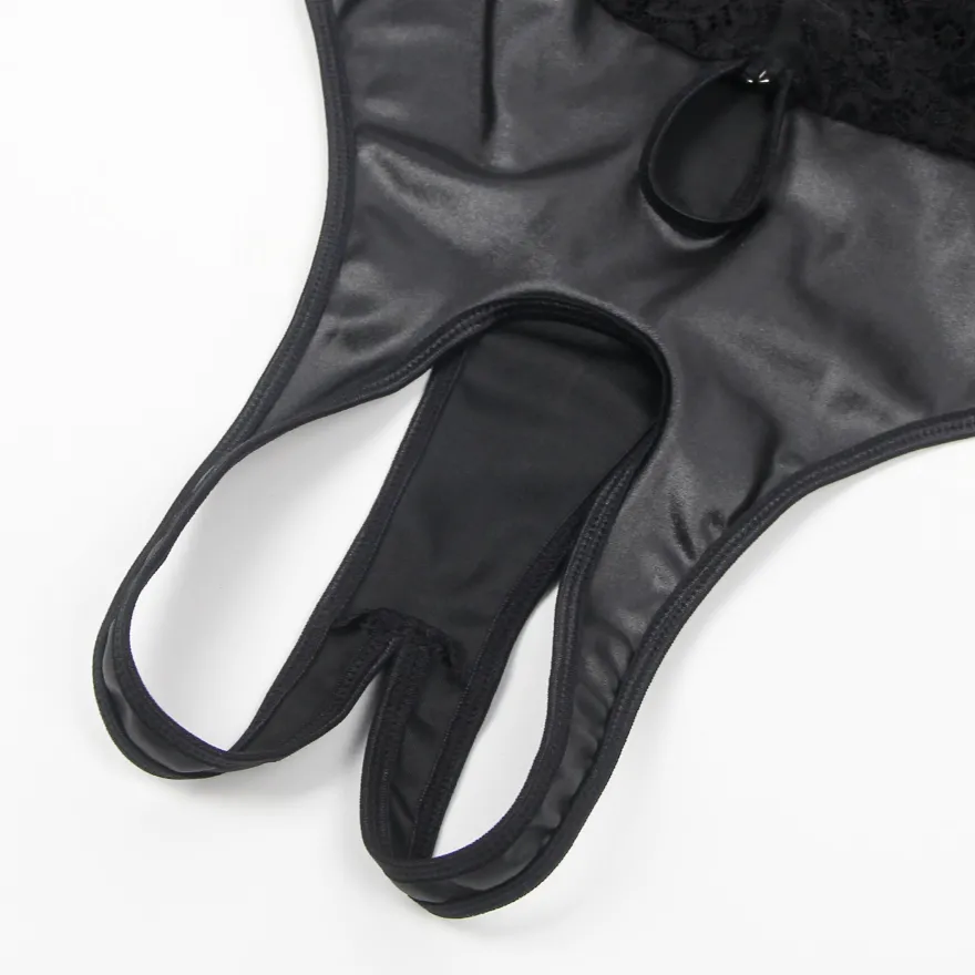 Black Sleeveless Lace Bodysuit – Deep V-Neck Faux Leather, Sexy High-Quality Lingerie