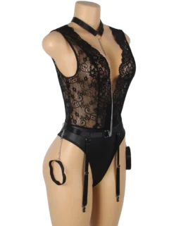 Black Sleeveless Lace Bodysuit – Deep V-Neck Faux Leather, Sexy High-Quality Lingerie
