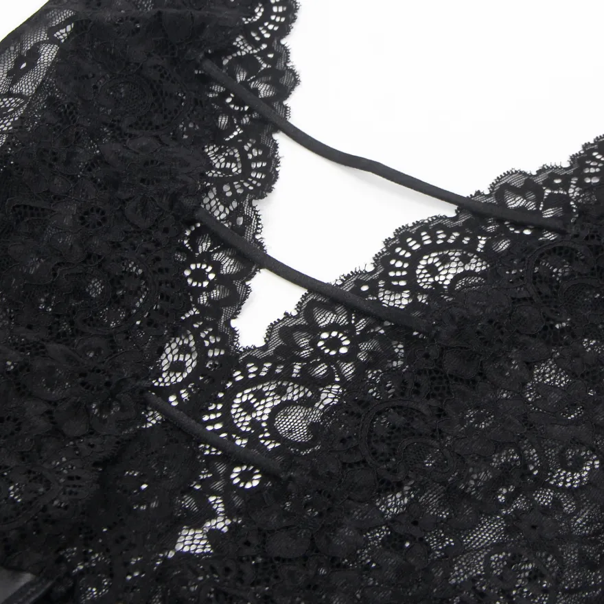 Black Sleeveless Lace Bodysuit – Deep V-Neck Faux Leather, Sexy High-Quality Lingerie