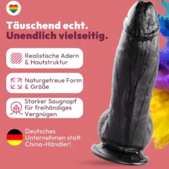 Dildo 21 cm mit Hoden & Saugnapf – gebogener Penis mit Adern & Eichel, Schwarz