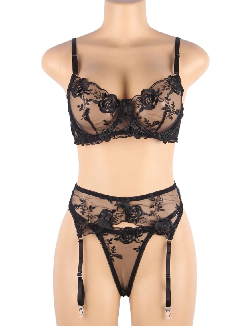 Floral Embroidery Underwire Lingerie Set – Bra & Garter, Sexy High-Quality