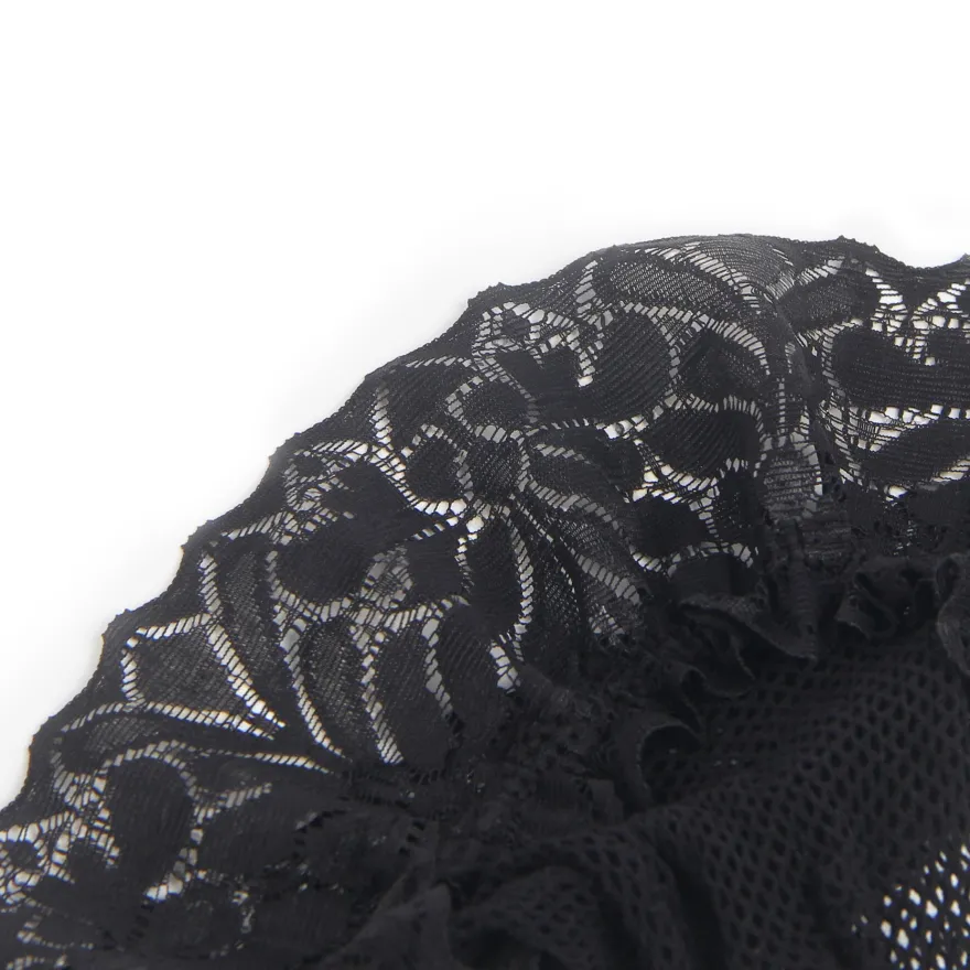 Schwarze Fishnet Oberschenkelstrümpfe mit Spitzenband, Silikon, 88% Nylon, 12% Spandex
