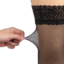 Schwarze Fishnet Oberschenkelstrümpfe mit Spitzenband, Silikon, 88% Nylon, 12% Spandex