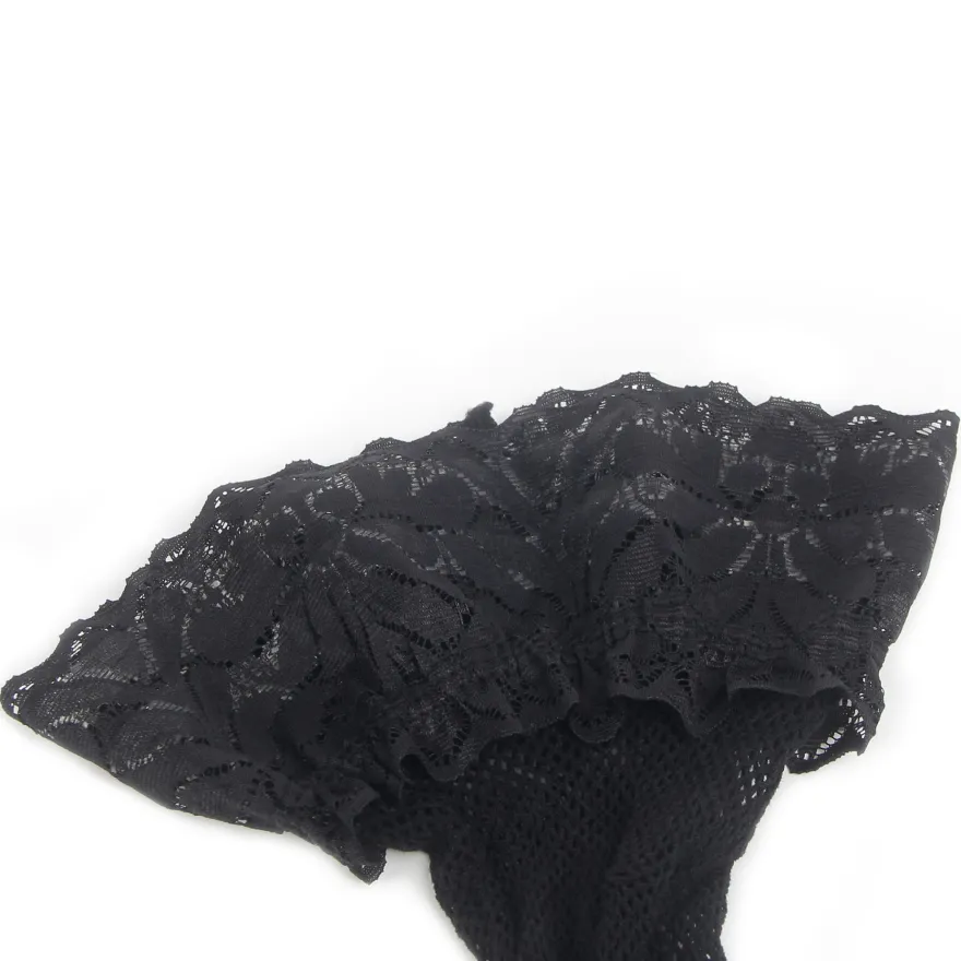 Schwarze Fishnet Oberschenkelstrümpfe mit Spitzenband, Silikon, 88% Nylon, 12% Spandex