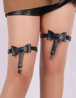 Schwarze PU Leder Beinschleifen mit Nieten & Schleife, verstellbar, Punk Garter Clips