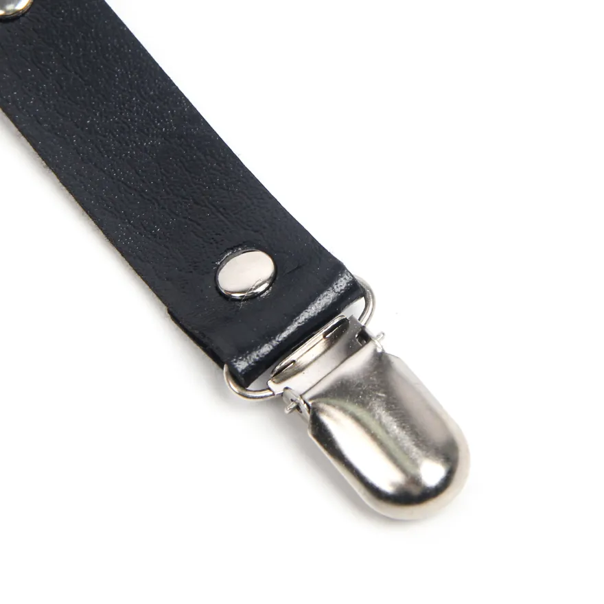 Schwarze PU Leder Beinschleifen mit Nieten & Schleife, verstellbar, Punk Garter Clips