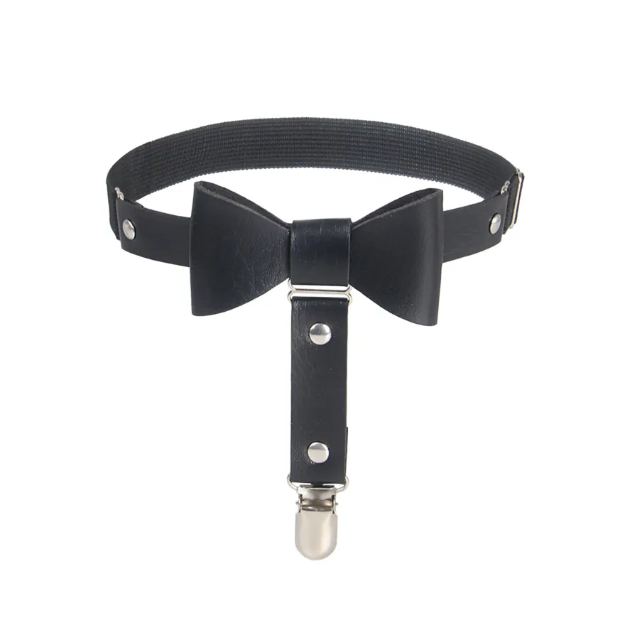 Schwarze PU Leder Beinschleifen mit Nieten & Schleife, verstellbar, Punk Garter Clips