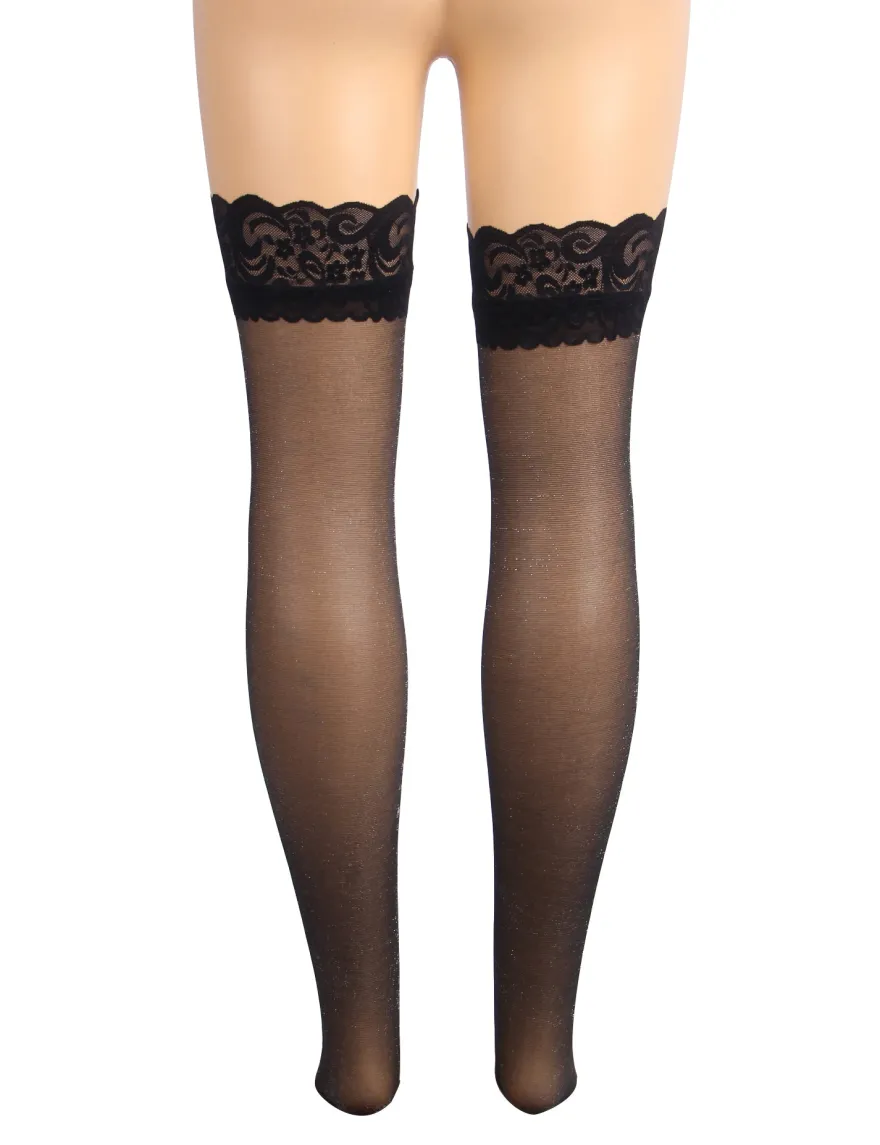 Sexy Schwarze Spitzenstrümpfe mit Perlmutt-Glanz & Silikonband, 88% Nylon, 12% Spandex