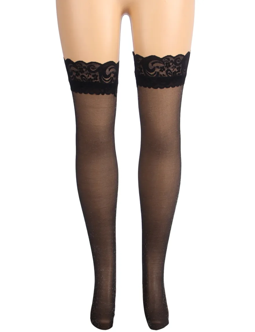 Sexy Schwarze Spitzenstrümpfe mit Perlmutt-Glanz & Silikonband, 88% Nylon, 12% Spandex