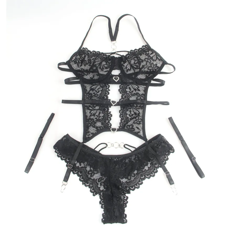 Sexy Schwarzes Spitzen-Lingerie Set – BH, Slip & Strapse, verführerische Dessous