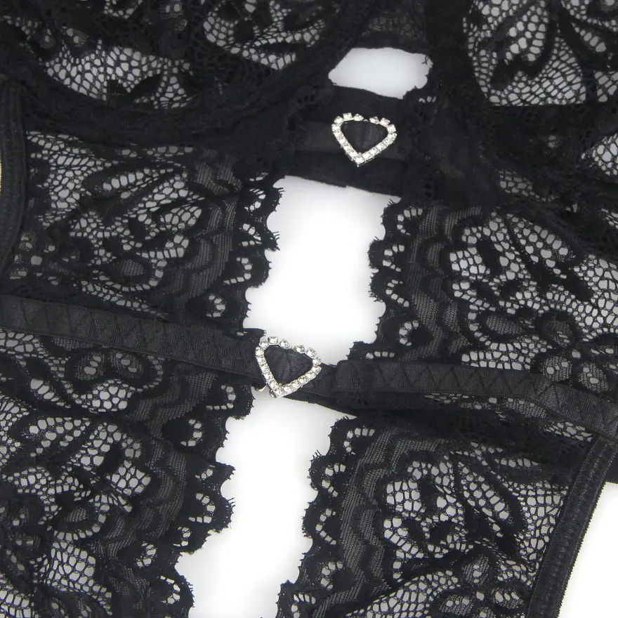 Sexy Schwarzes Spitzen-Lingerie Set – BH, Slip & Strapse, verführerische Dessous